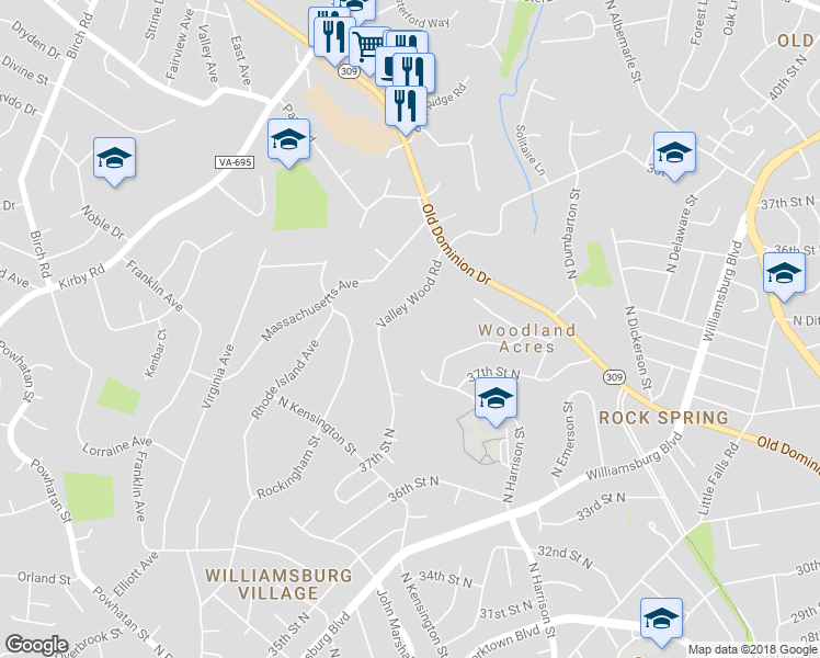 map of restaurants, bars, coffee shops, grocery stores, and more near 1919 Valley Wood Road in McLean