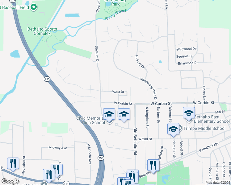 map of restaurants, bars, coffee shops, grocery stores, and more near 1423 West Drive in Bethalto