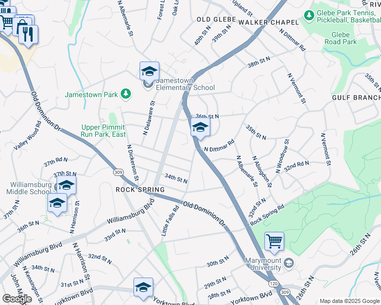 map of restaurants, bars, coffee shops, grocery stores, and more near 4700 Little Falls Road in Arlington