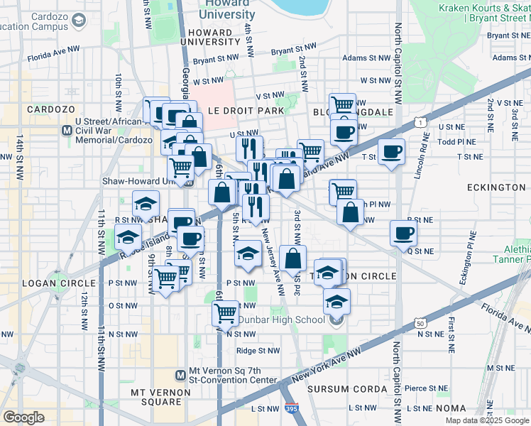 map of restaurants, bars, coffee shops, grocery stores, and more near 1707 New Jersey Avenue Northwest in Washington