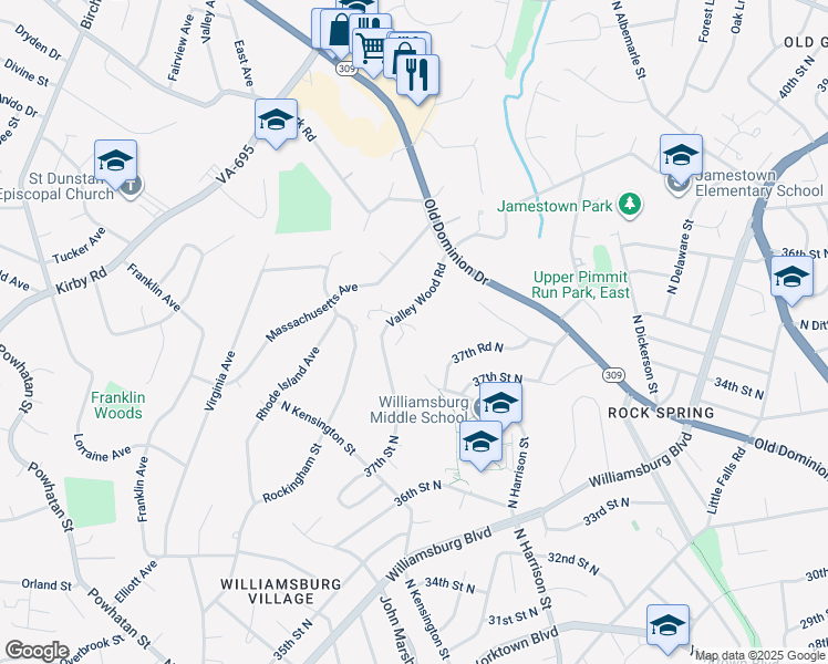 map of restaurants, bars, coffee shops, grocery stores, and more near 1919 Valley Wood Road in McLean