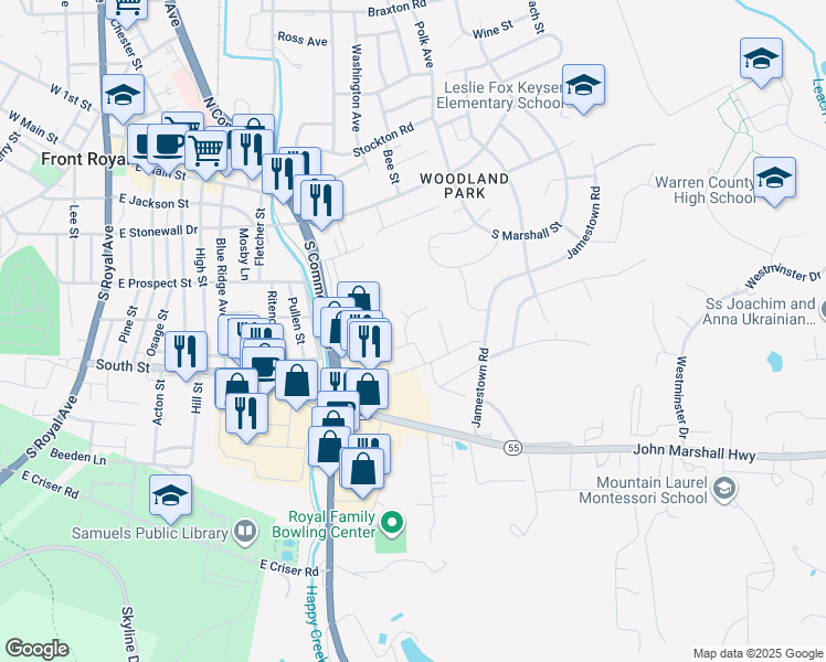 map of restaurants, bars, coffee shops, grocery stores, and more near High Field Lane in Front Royal