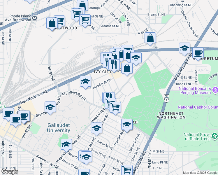 map of restaurants, bars, coffee shops, grocery stores, and more near 1828 Providence Street Northeast in Washington