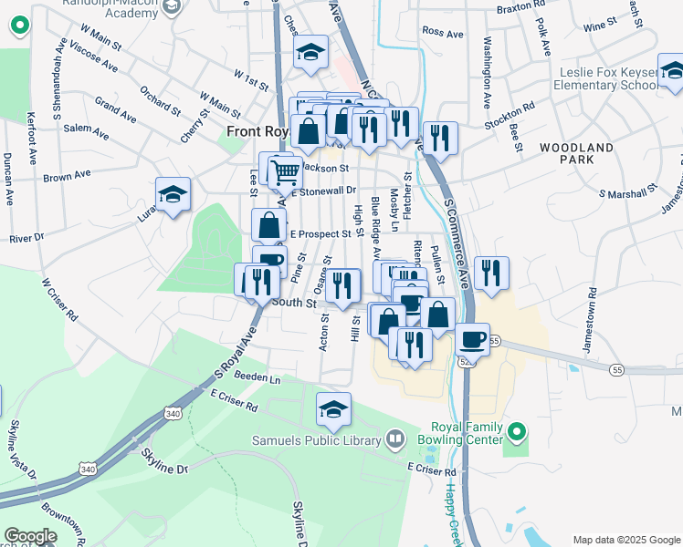 map of restaurants, bars, coffee shops, grocery stores, and more near 341 Cloud Street in Front Royal