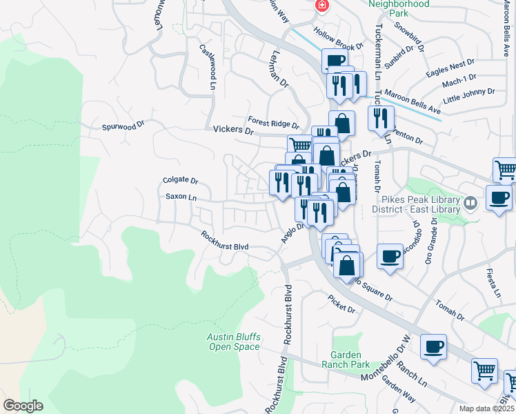 map of restaurants, bars, coffee shops, grocery stores, and more near 1812 Erin Loop in Colorado Springs