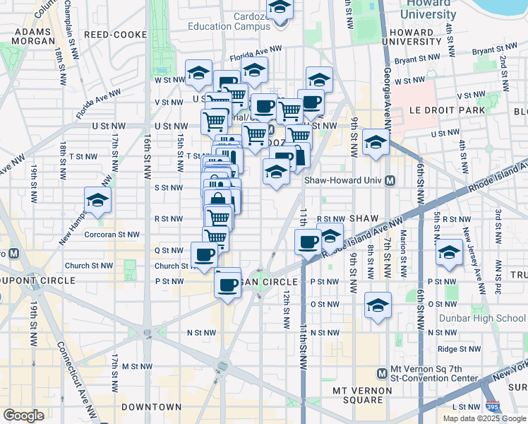 map of restaurants, bars, coffee shops, grocery stores, and more near 1709 13th Street Northwest in Washington