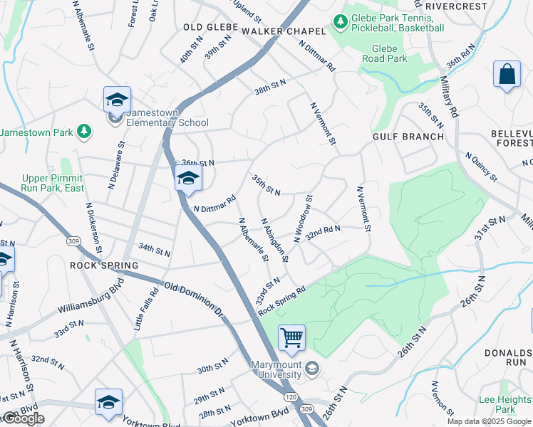 map of restaurants, bars, coffee shops, grocery stores, and more near 3409 North Abingdon Street in Arlington