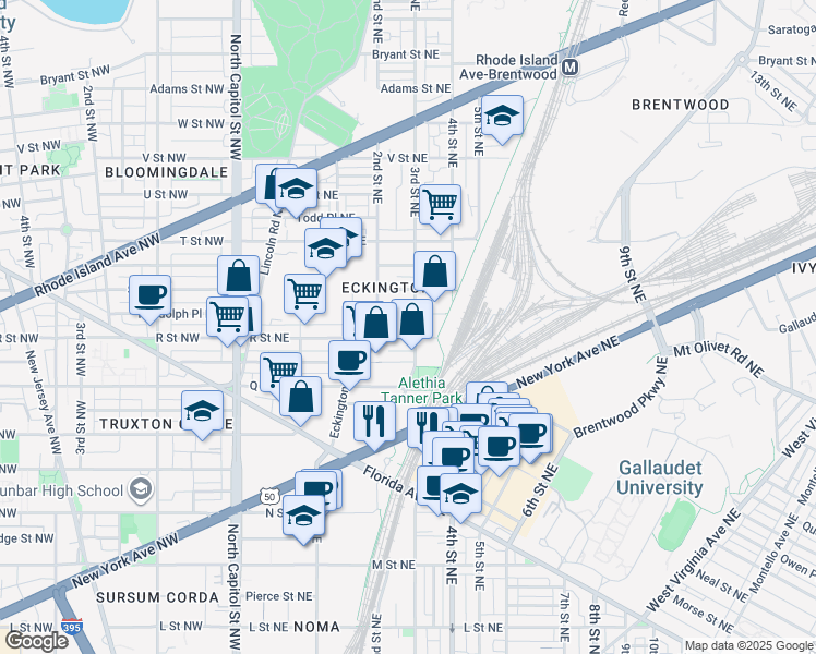map of restaurants, bars, coffee shops, grocery stores, and more near 1706 3rd Street Northeast in Washington