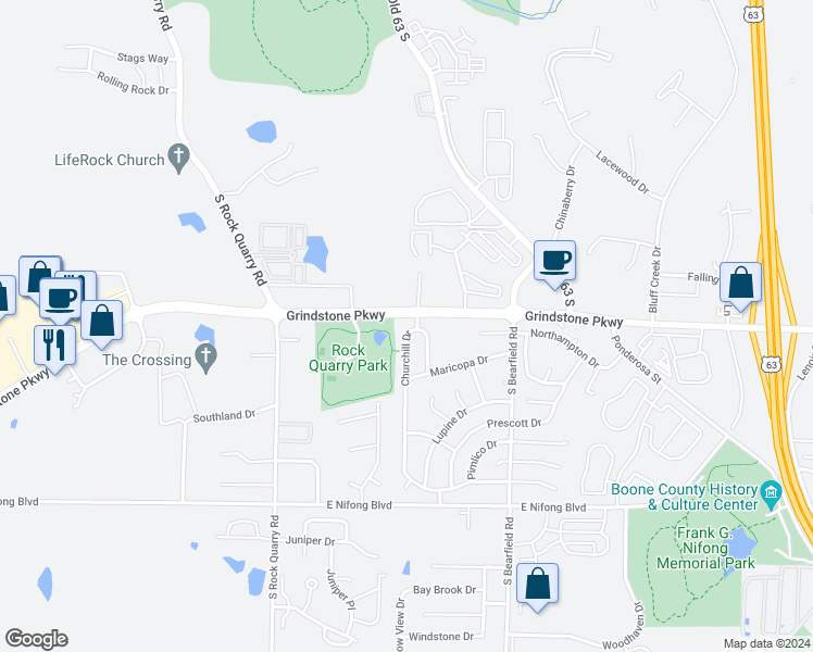 map of restaurants, bars, coffee shops, grocery stores, and more near 3400 Churchill Drive in Columbia