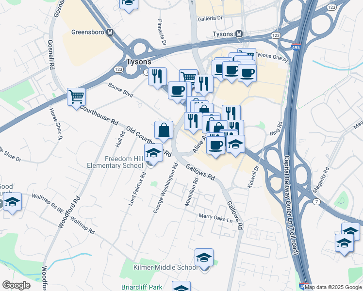 map of restaurants, bars, coffee shops, grocery stores, and more near 1921 Gallows Road in Tysons