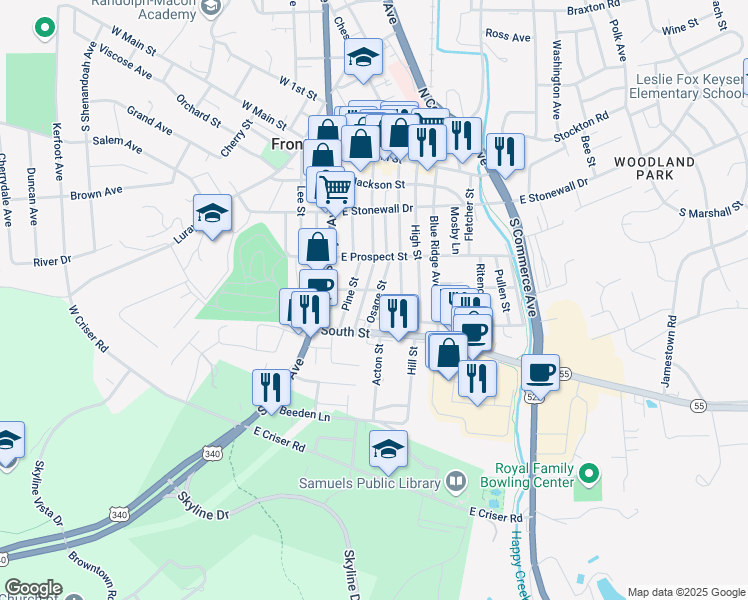 map of restaurants, bars, coffee shops, grocery stores, and more near 341 Osage Street in Front Royal