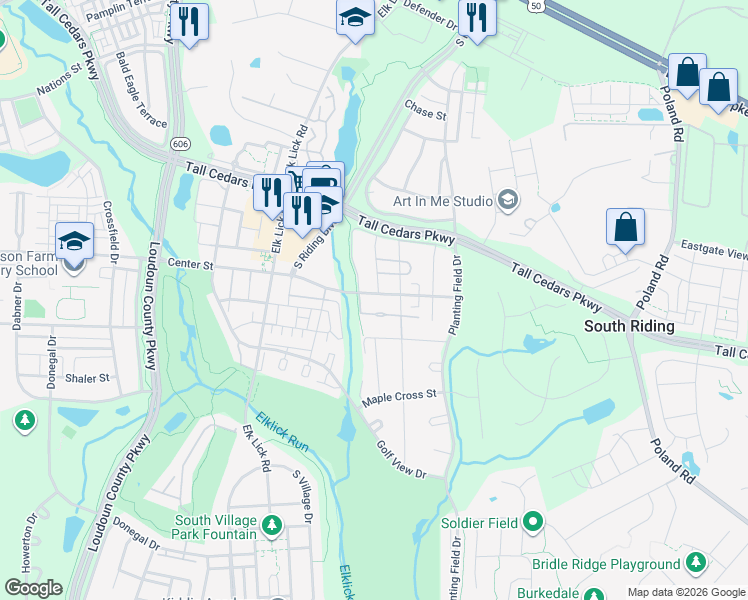 map of restaurants, bars, coffee shops, grocery stores, and more near 43175 Center Street in Chantilly
