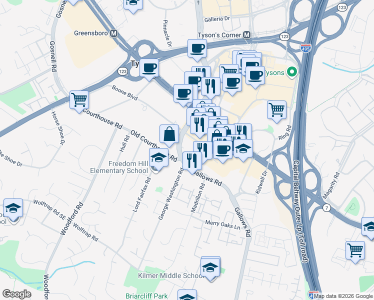 map of restaurants, bars, coffee shops, grocery stores, and more near 1921 Gallows Road in Vienna
