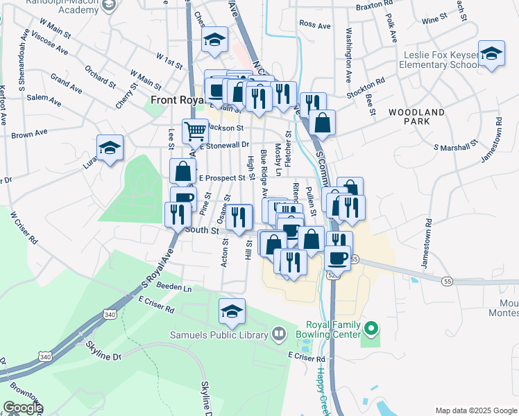 map of restaurants, bars, coffee shops, grocery stores, and more near 337 Blue Ridge Avenue in Front Royal
