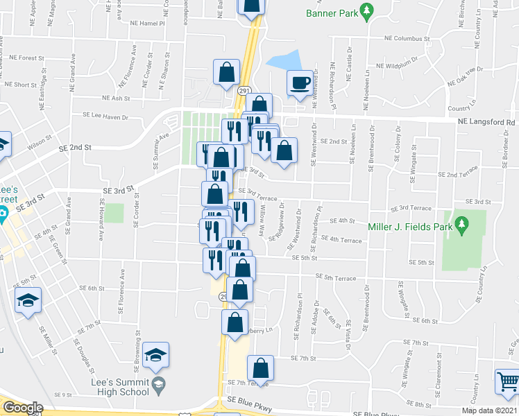 map of restaurants, bars, coffee shops, grocery stores, and more near 312 Southeast Willow Way in Lee's Summit