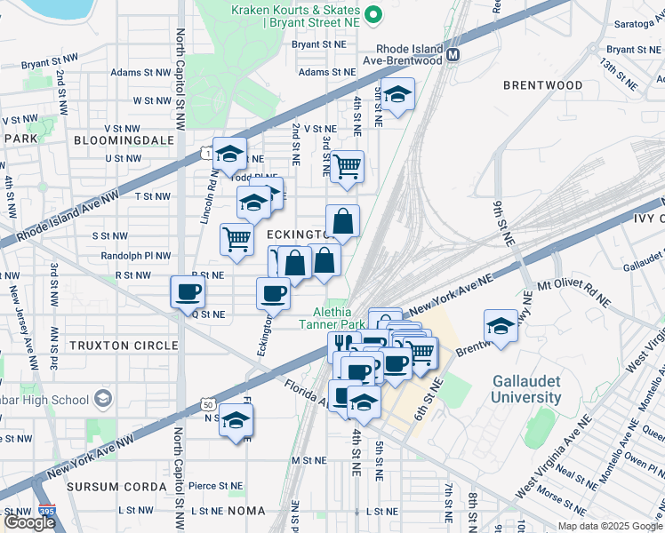 map of restaurants, bars, coffee shops, grocery stores, and more near 1709 3rd Street Northeast in Washington
