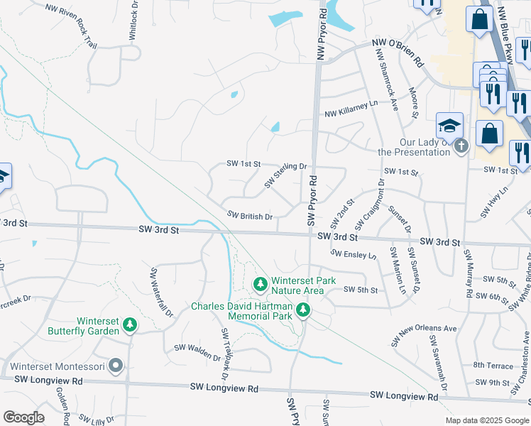 map of restaurants, bars, coffee shops, grocery stores, and more near 2042 Southwest British Drive in Lee's Summit