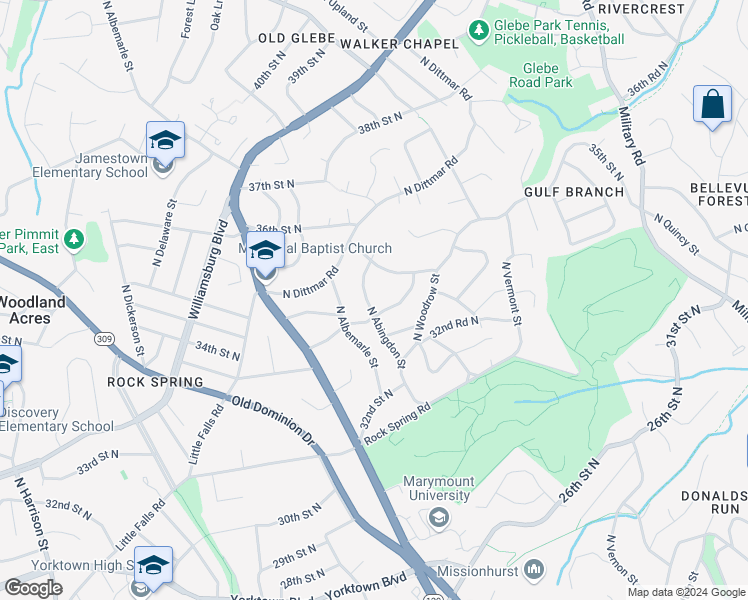 map of restaurants, bars, coffee shops, grocery stores, and more near 3409 North Abingdon Street in Arlington