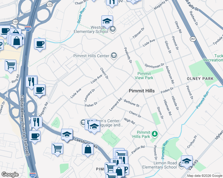 map of restaurants, bars, coffee shops, grocery stores, and more near 1918 Cherri Drive in Falls Church