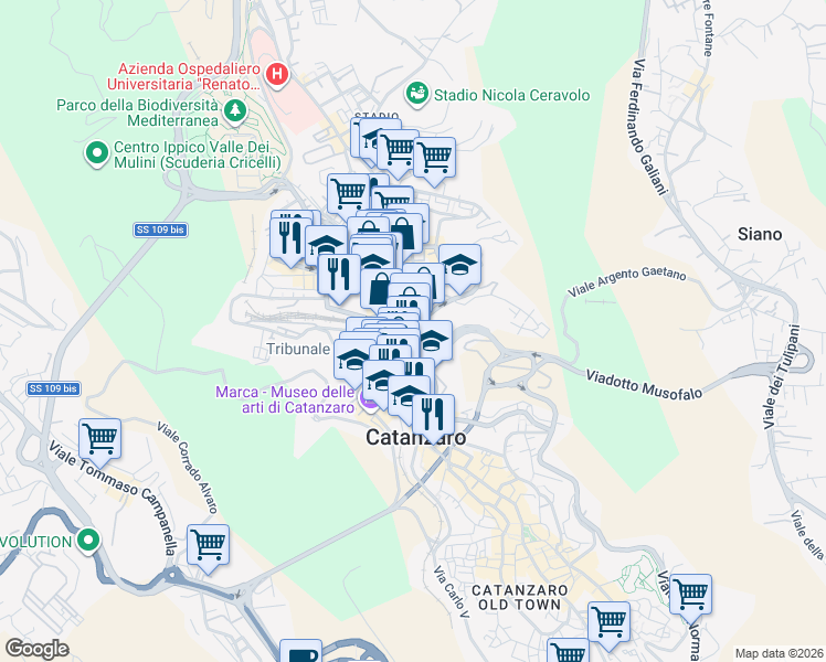 map of restaurants, bars, coffee shops, grocery stores, and more near 11 Via Giovanni Vercillo in Catanzaro