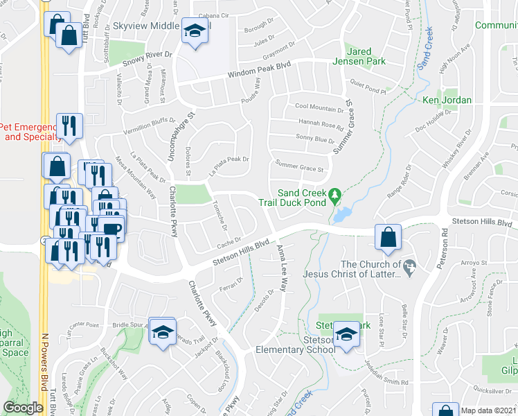 map of restaurants, bars, coffee shops, grocery stores, and more near 5428 Anna Lee Way in Colorado Springs
