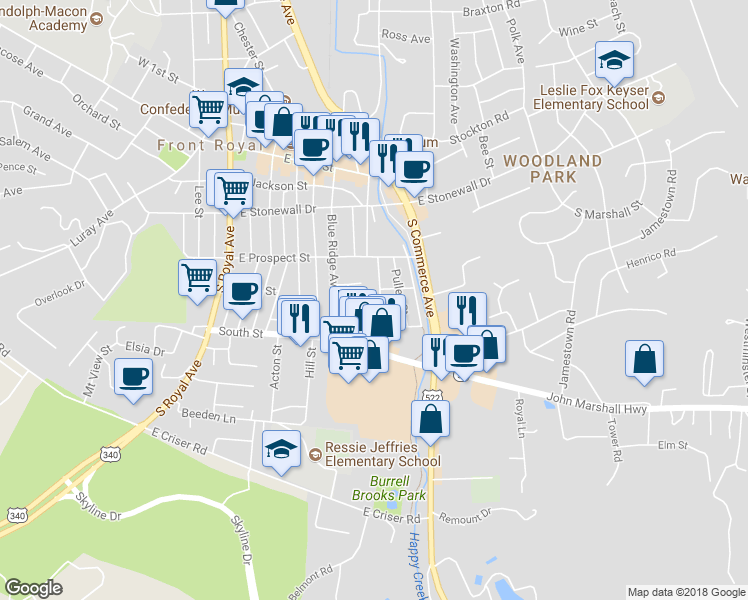 map of restaurants, bars, coffee shops, grocery stores, and more near 339 Ritenour Street in Front Royal