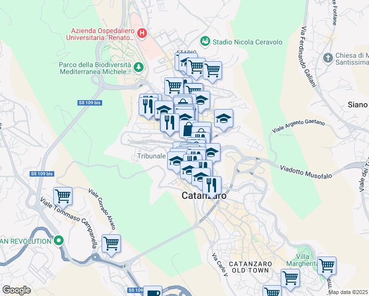 map of restaurants, bars, coffee shops, grocery stores, and more near 24 Via Milano in Catanzaro
