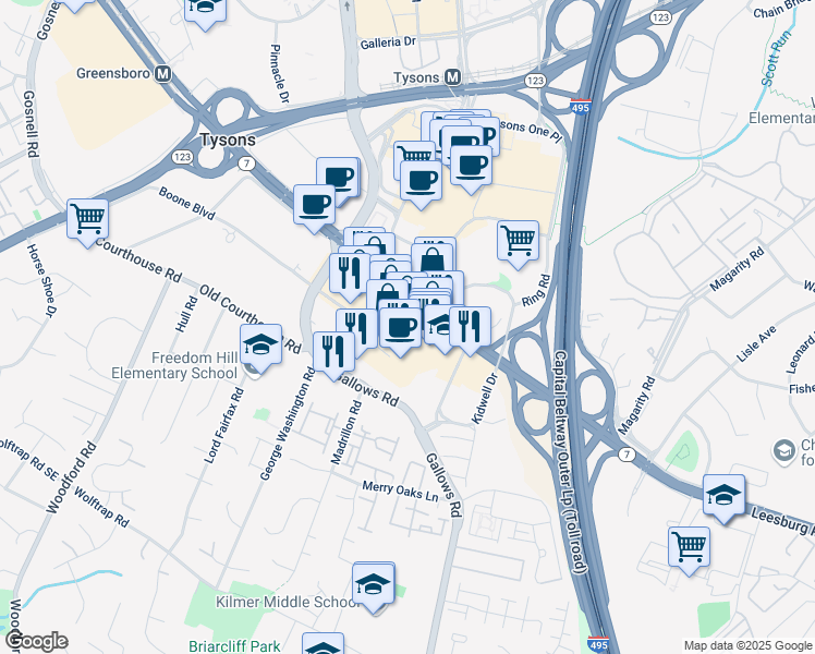 map of restaurants, bars, coffee shops, grocery stores, and more near 8045 Leesburg Pike in Vienna