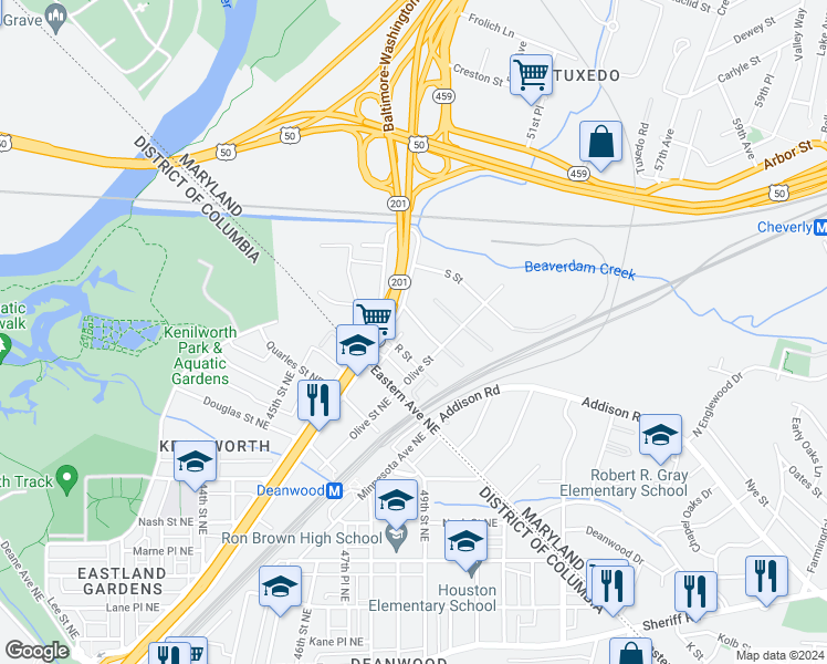 map of restaurants, bars, coffee shops, grocery stores, and more near 4307 North Addison Road in Capitol Heights