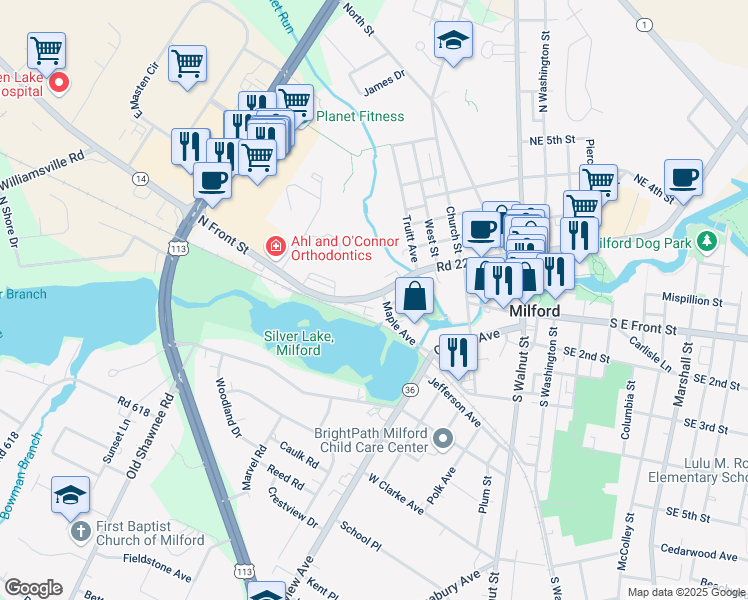 map of restaurants, bars, coffee shops, grocery stores, and more near 504 Northwest Front Street in Milford