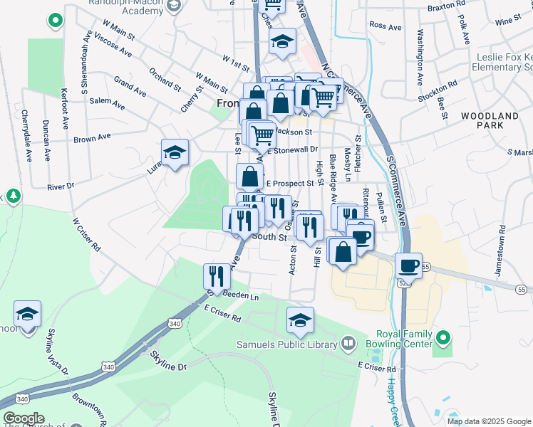 map of restaurants, bars, coffee shops, grocery stores, and more near 339 Pine Street in Front Royal