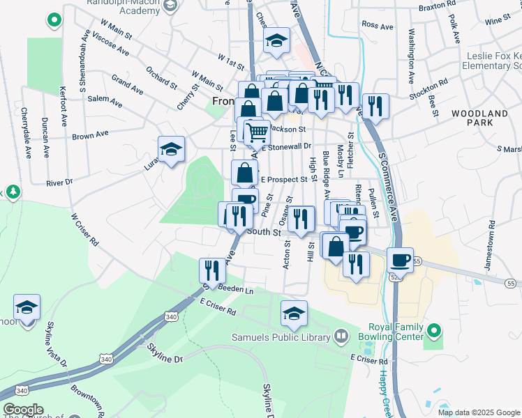 map of restaurants, bars, coffee shops, grocery stores, and more near 339 Pine Street in Front Royal