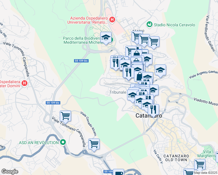 map of restaurants, bars, coffee shops, grocery stores, and more near 138 Via Francesco Crispi in Catanzaro
