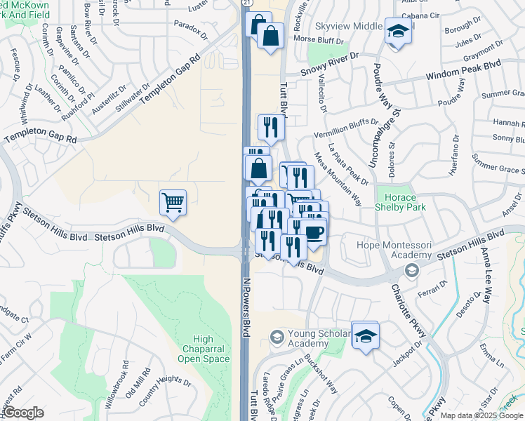 map of restaurants, bars, coffee shops, grocery stores, and more near 5910 Stetson Hills Boulevard in Colorado Springs