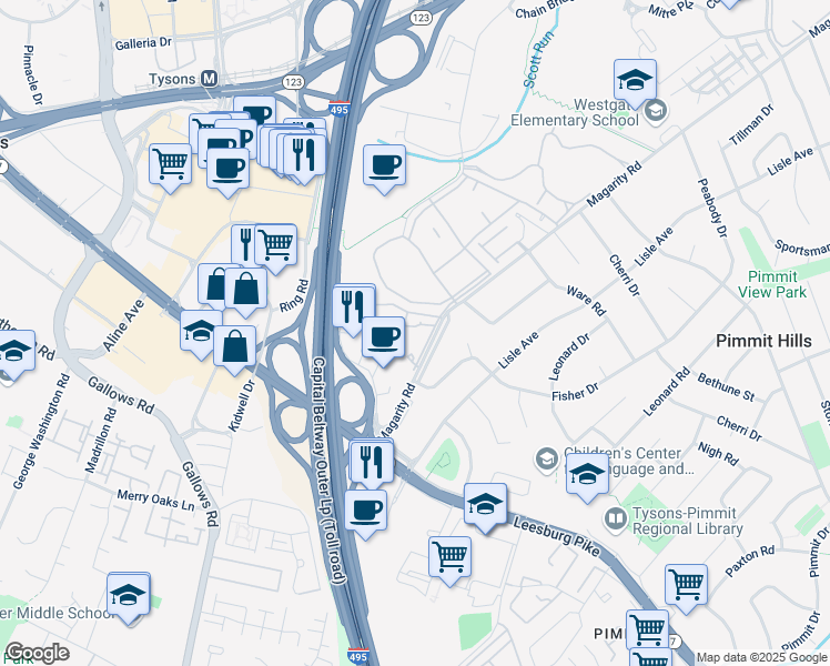 map of restaurants, bars, coffee shops, grocery stores, and more near 7841 Enola Street in McLean