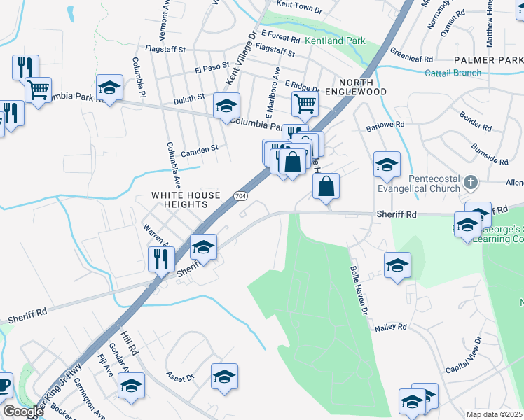 map of restaurants, bars, coffee shops, grocery stores, and more near 1706 Countrywood Court in Hyattsville