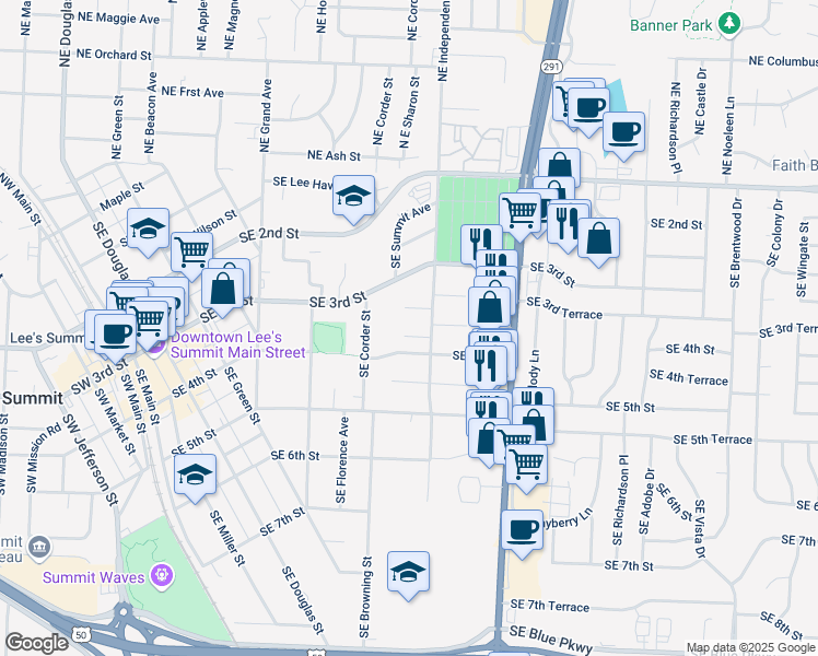map of restaurants, bars, coffee shops, grocery stores, and more near 508 Southeast Morningside Drive in Lee's Summit