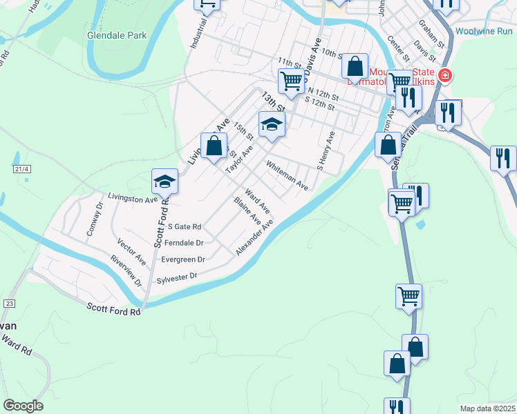 map of restaurants, bars, coffee shops, grocery stores, and more near 110 Ward Avenue in Elkins