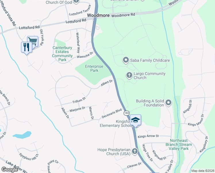 map of restaurants, bars, coffee shops, grocery stores, and more near 1610 Sundew Court in Bowie