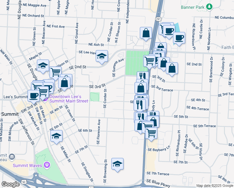 map of restaurants, bars, coffee shops, grocery stores, and more near 508 Southeast Morningside Drive in Lee's Summit