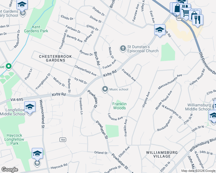 map of restaurants, bars, coffee shops, grocery stores, and more near 1917 Birch Road in McLean