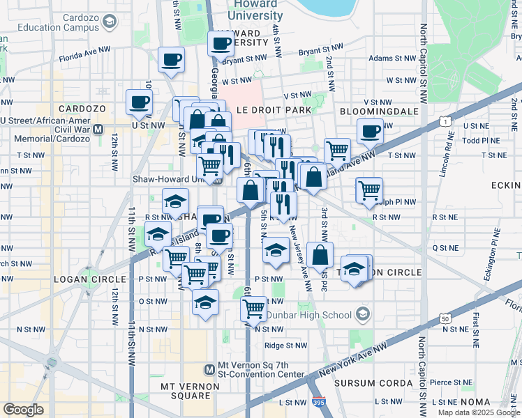 map of restaurants, bars, coffee shops, grocery stores, and more near 101 Independence Avenue Southeast in Washington