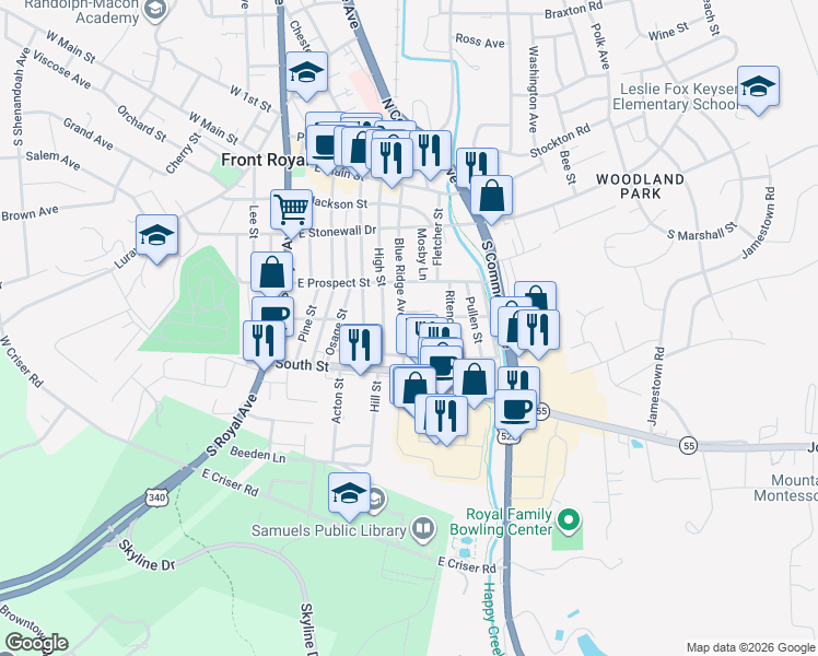 map of restaurants, bars, coffee shops, grocery stores, and more near 332 Blue Ridge Avenue in Front Royal