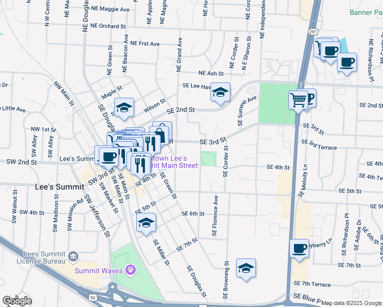 map of restaurants, bars, coffee shops, grocery stores, and more near 311 Southeast Grand Avenue in Lee's Summit
