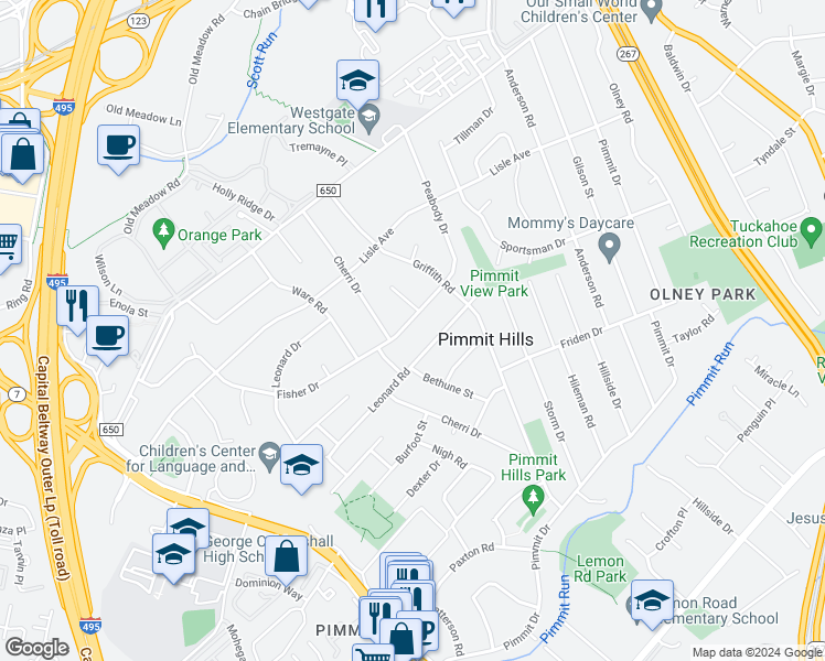 map of restaurants, bars, coffee shops, grocery stores, and more near 7505 Fisher Drive in Falls Church