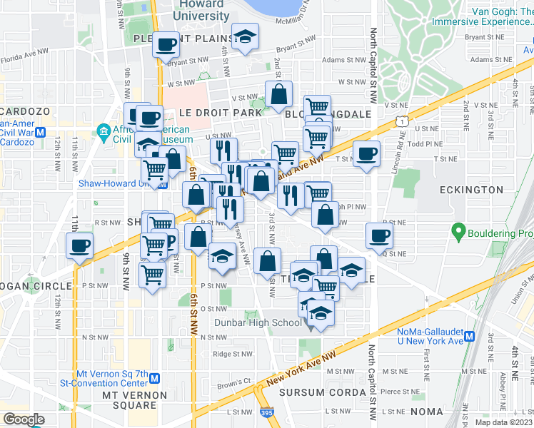 map of restaurants, bars, coffee shops, grocery stores, and more near 1708 3rd Street Northwest in Washington