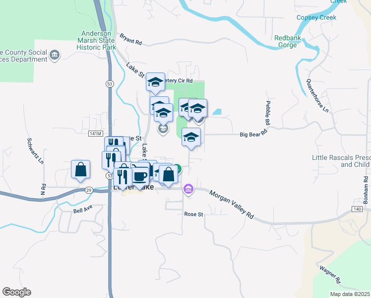 map of restaurants, bars, coffee shops, grocery stores, and more near 9657 Winchester Street in Lower Lake