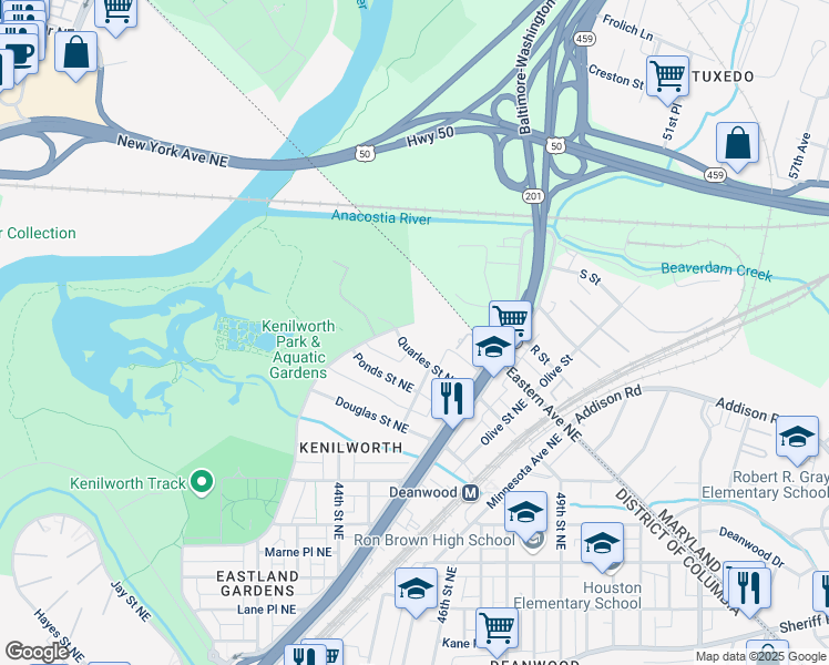 map of restaurants, bars, coffee shops, grocery stores, and more near 4400 Quarles Street Northeast in Washington