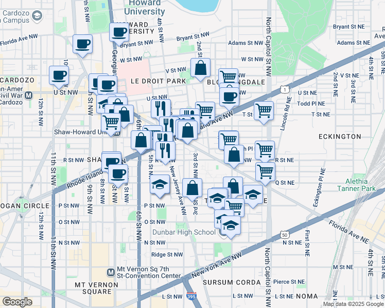map of restaurants, bars, coffee shops, grocery stores, and more near 1708 3rd Street Northwest in Washington