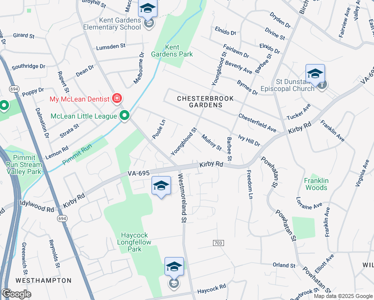 map of restaurants, bars, coffee shops, grocery stores, and more near 6614 Denny Place in McLean